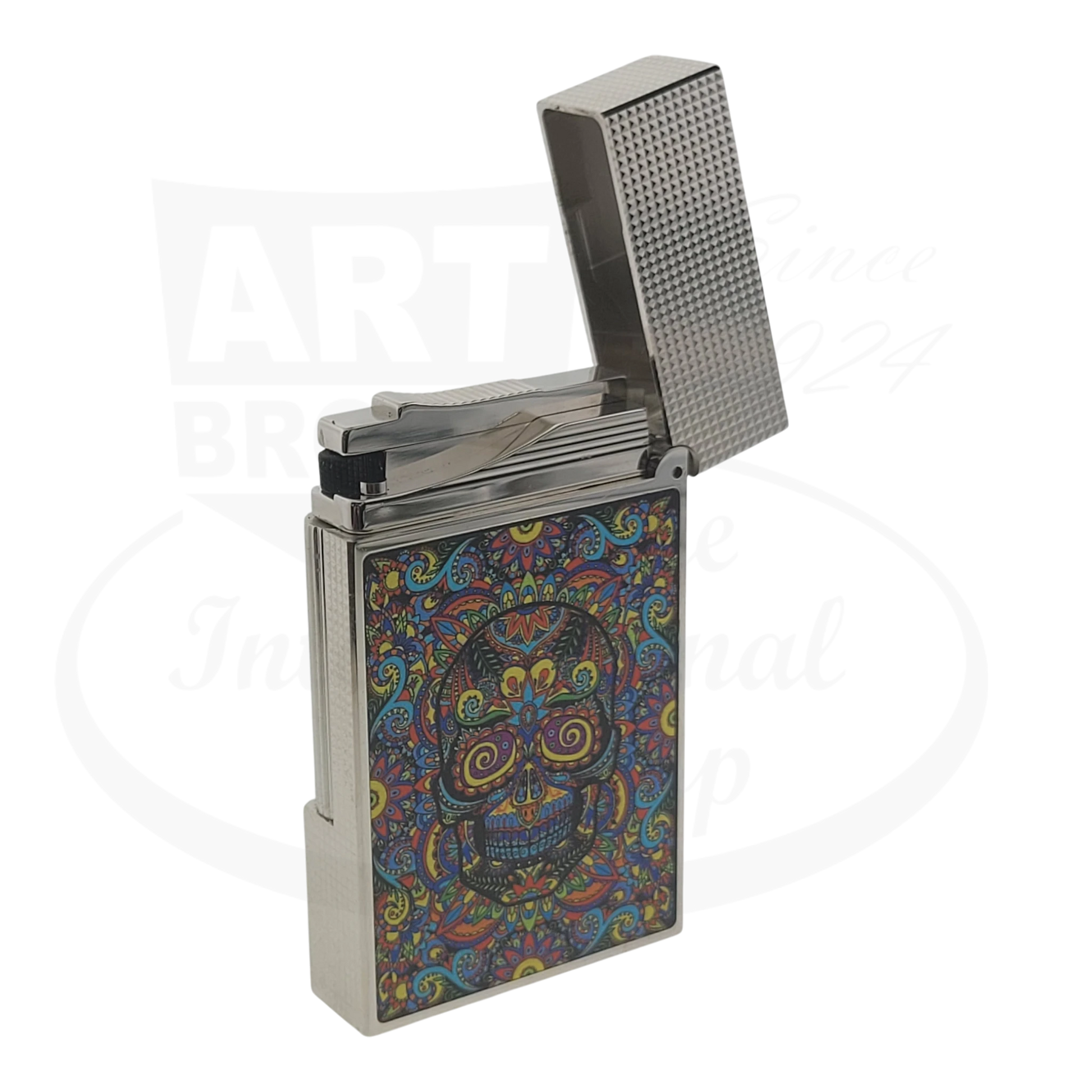 S.T. Dupont Ligne 2 C16393-D1 metal lighter with multicolor Day of the Dead skull microdiamond pattern panel