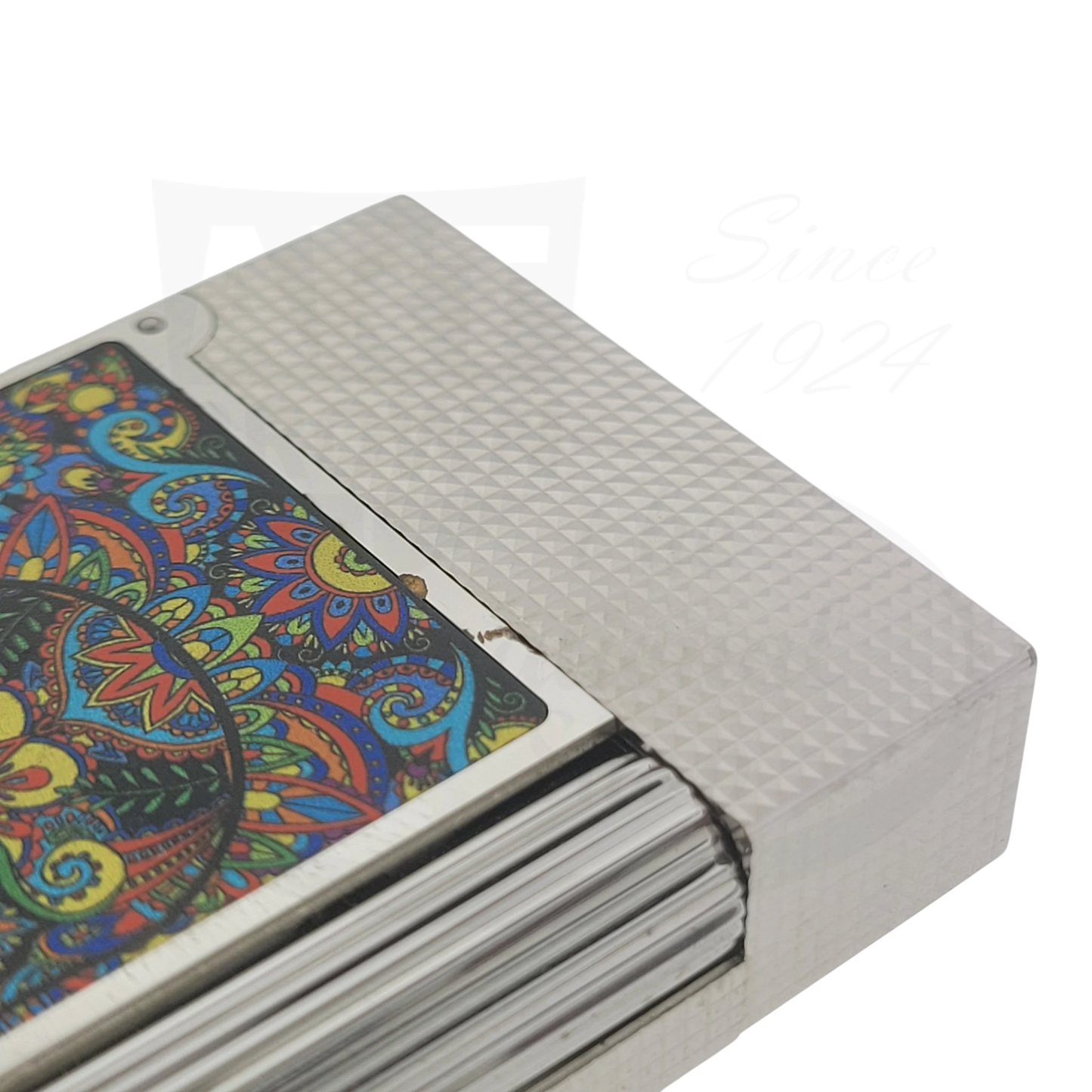 S.T. Dupont Ligne 2 C16393-D1 Microdiamond silver metal lighter with colorful intricate Mexico design panel