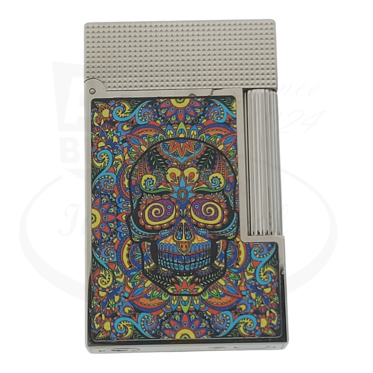S.T. Dupont Ligne 2 C16393-D1 metal lighter with colorful microdiamond Mexico skull design and textured silver top