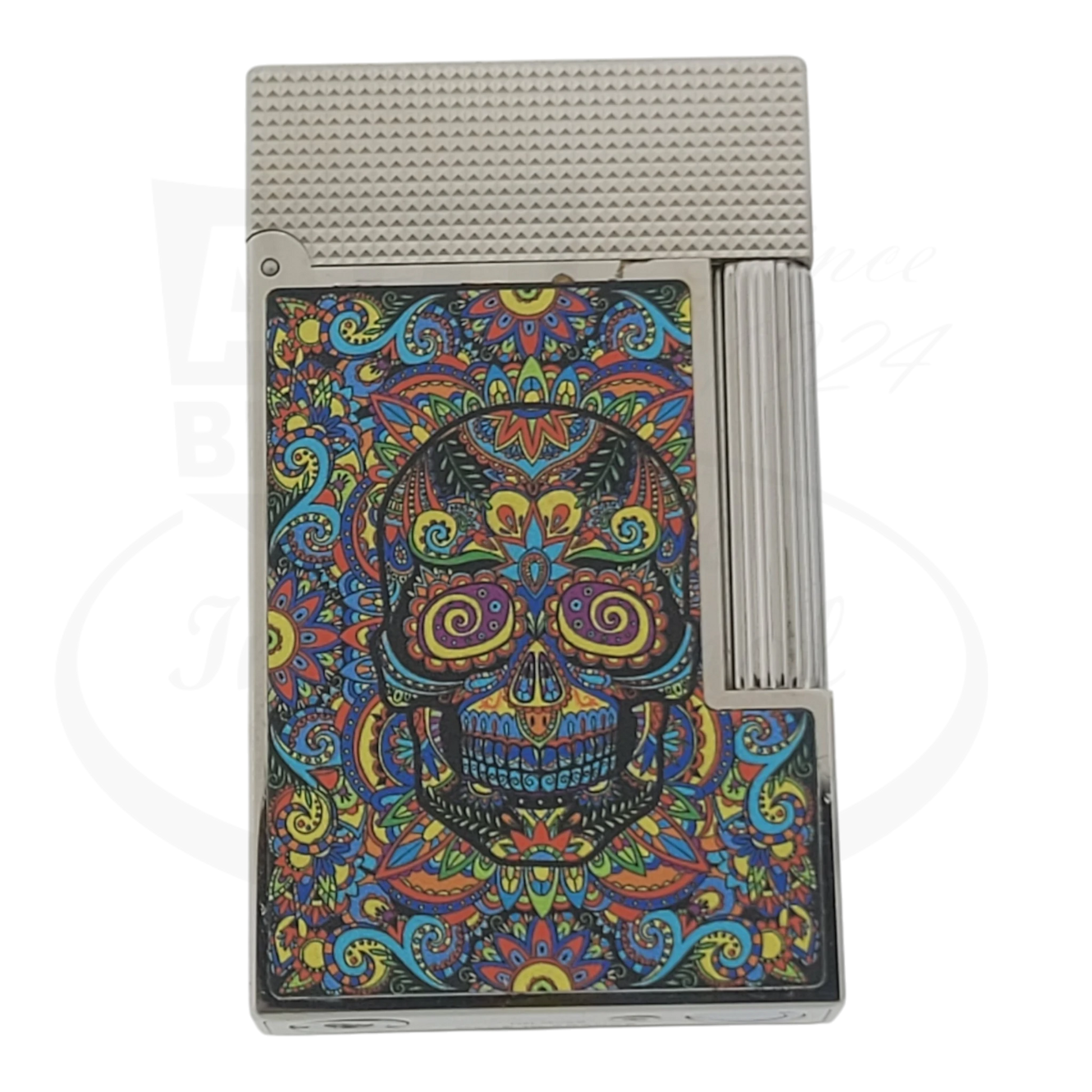 S.T. Dupont Ligne 2 C16393-D1 metal lighter with colorful microdiamond Mexico skull design and textured silver top