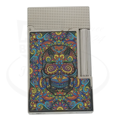 S.T. Dupont Ligne 2 C16393-D1 metal lighter with colorful microdiamond Mexico skull design and textured silver top