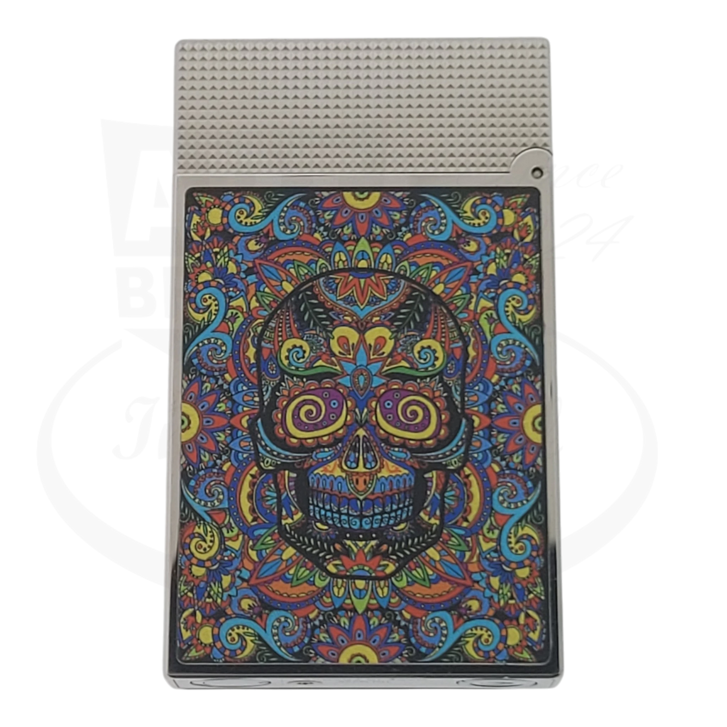S.T. Dupont Ligne 2 C16393-D1 silver metal lighter with colorful microdiamond skull and floral Mexico design