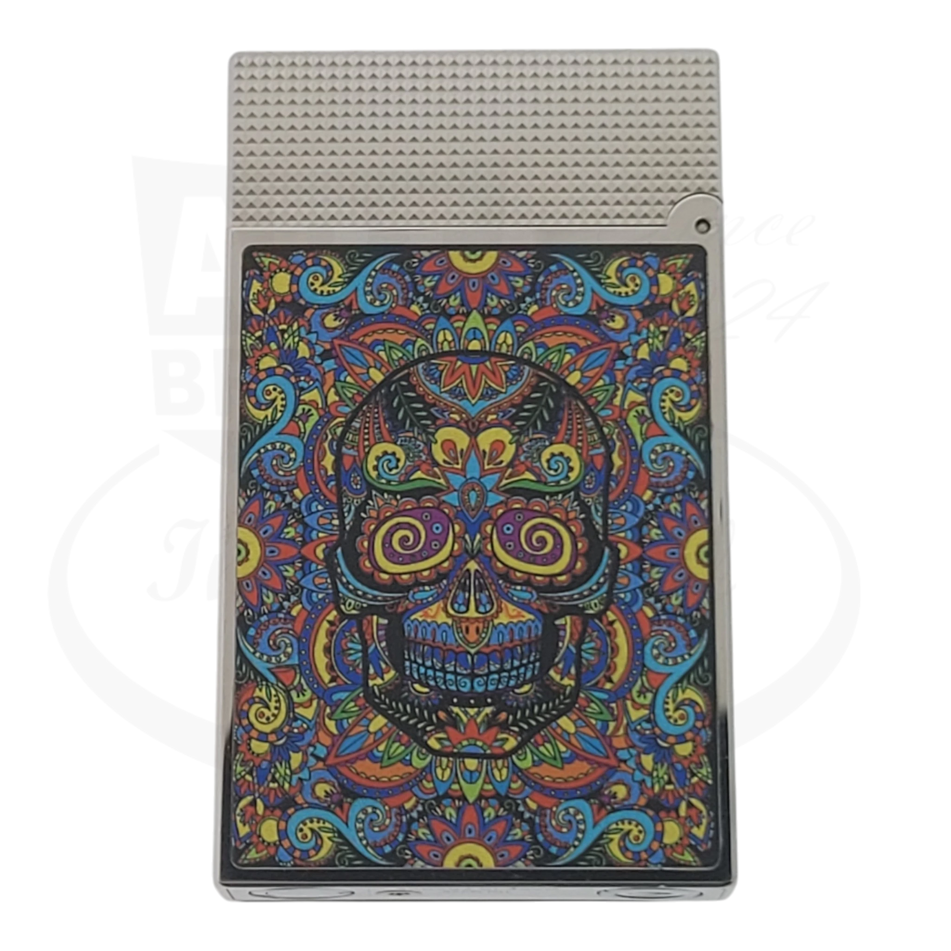 S.T. Dupont Ligne 2 C16393-D1 silver metal lighter with colorful microdiamond skull and floral Mexico design