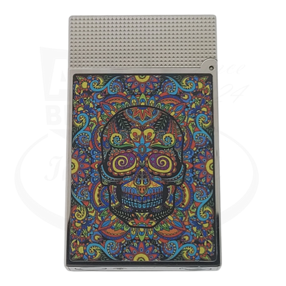 S.T. Dupont Ligne 2 C16393-D1 silver metal lighter with colorful microdiamond skull and floral Mexico design