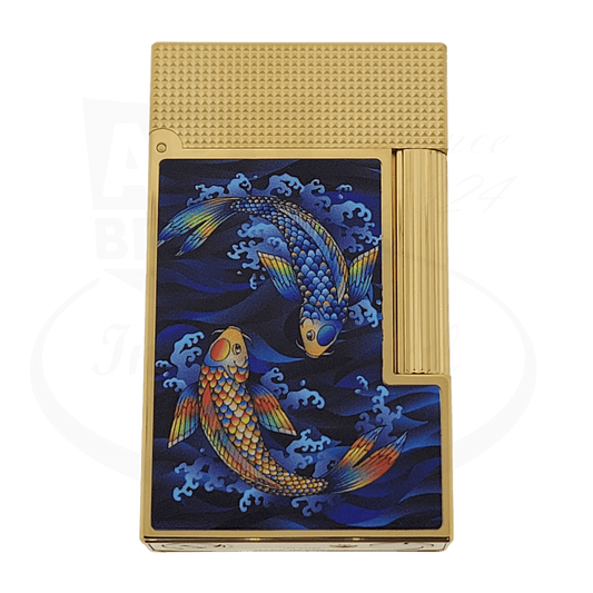 S.T. Dupont Ligne 2 C16397 brass lighter, gold-finished with lacquered koi fish design in blue and orange swimming against dark waves, diamond-head pattern top