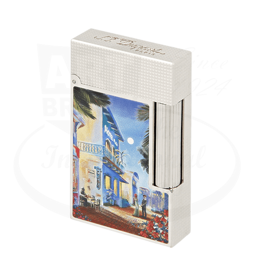 S.T. Dupont Ligne 2 C16411 platinum-finish lighter featuring Cuban street scene artwork, textured silver metallic body with colorful Havana cityscape design