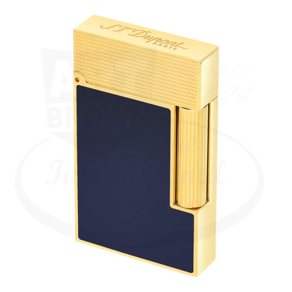 S.T. Dupont Ligne 2 Perfect Cling Blue Lacquer and Gold C16457 luxury lighter with guilloche gold detailing and blue lacquer panel
