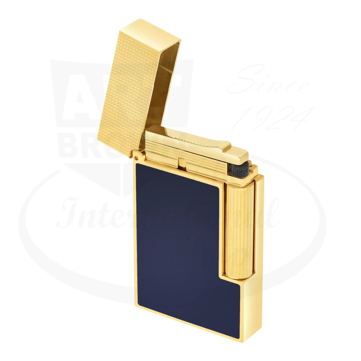 S.T. Dupont Ligne 2 Perfect Cling Blue Lacquer and Gold C16457 gold lighter with blue lacquer and guilloche texture open