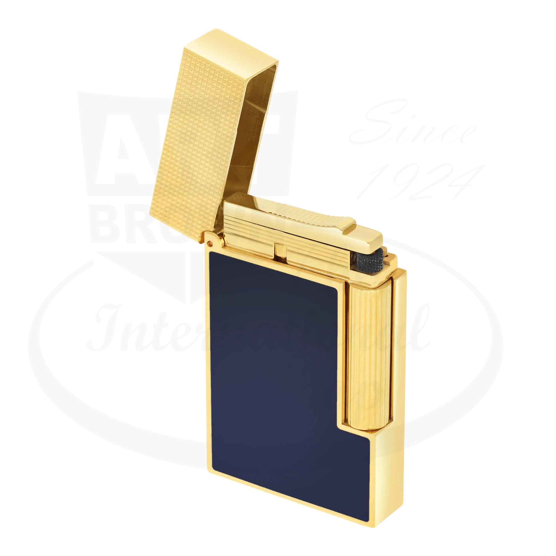 S.T. Dupont Ligne 2 Perfect Cling Blue Lacquer and Gold C16457 gold lighter with blue lacquer and guilloche texture open
