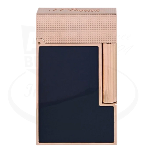 S.T. Dupont perfect ping line 2 lighter with blue lacquer and rose gold finish.