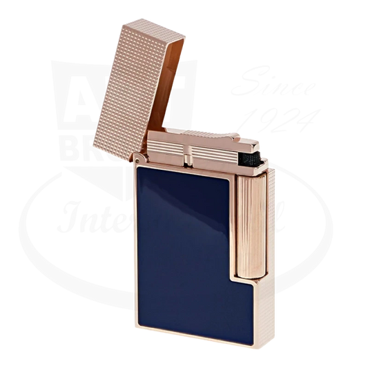 S.T. Dupont perfect ping line 2 lighter with blue lacquer and rose gold finish with the lid opened.