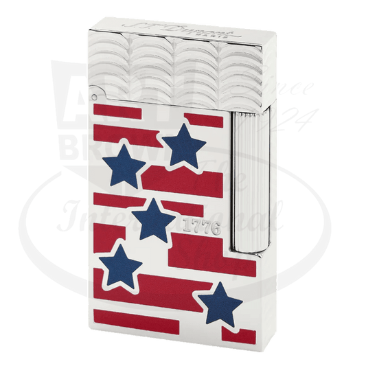 S.T. Dupont Ligne 2 C16680 silver-palladium lighter with American flag design, red lacquer stripes, blue stars, engraved 1776 detail