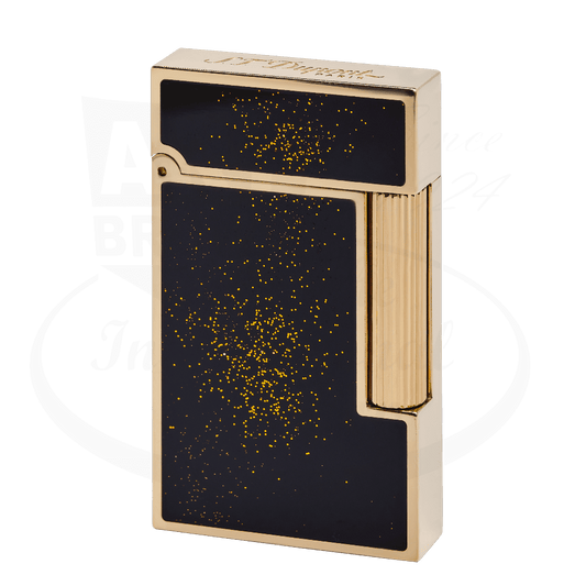 S.T. Dupont Ligne 2 C16882 brass lighter with black lacquer and gold dust finish, featuring vertical ridges and geometric design elements