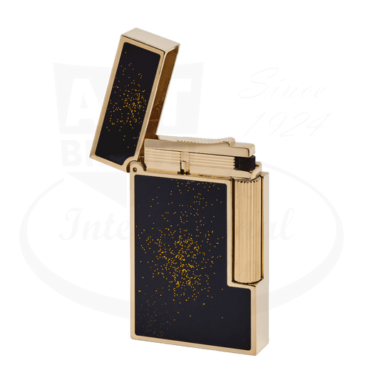 S.T. Dupont Ligne 2 C16882 black lacquer lighter with gold dust pattern and yellow gold trim, shown open displaying signature rectangular design