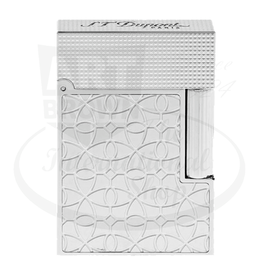 S.T. Dupont Ligne 2 Small C18603 brass-platinum lighter with engraved geometric pattern head, textured surface, and distinctive cling mechanism