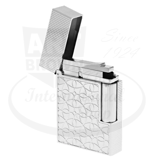S.T. Dupont Ligne 2 C18603 brass-platinum luxury lighter with engraved microdiamond head pattern and geometric body design, shown in open position