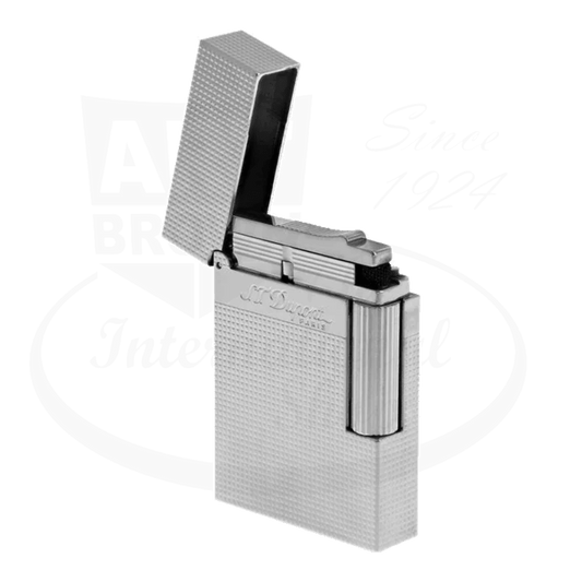 S.T. Dupont Line 2 C18690 palladium-brass luxury lighter with microdiamond head pattern, textured surface, and hinged lid in opened position showing flint mechanism