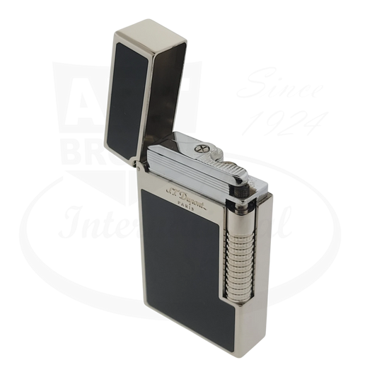 S.T. Dupont Le Grand C23010-D2 brass lighter in black lacquer and palladium finish, featuring dual flame system, shown open with visible ignition mechanism