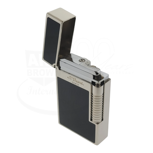 S.T. Dupont Le Grand Perfect ping display model with black lacquer and palladium accents, lid opened, seen from the front