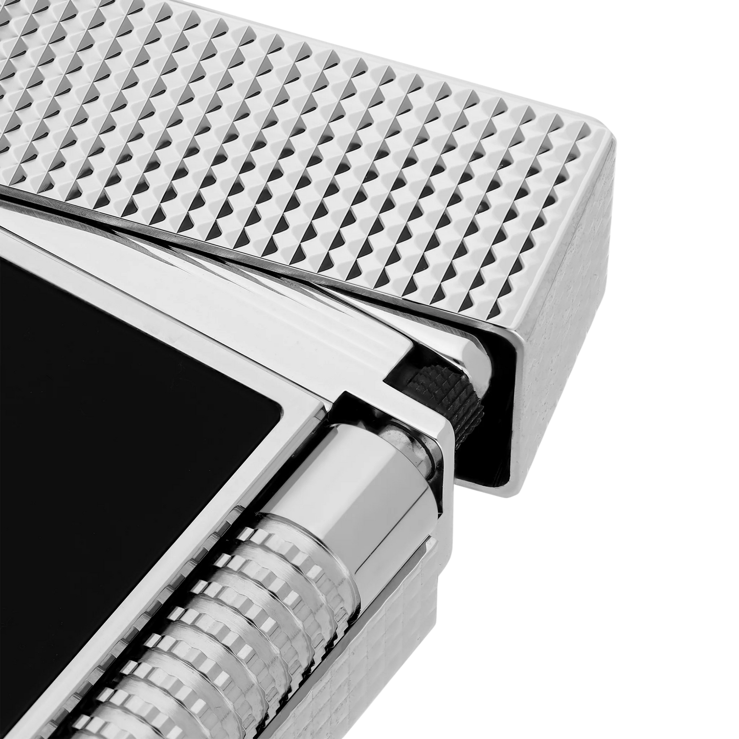 S.T. Dupont New Le Grand Black Lacquered Diamond Head Lighter close-up of textured silver cap and black lacquer panel