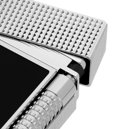 S.T. Dupont New Le Grand Black Lacquered Diamond Head Lighter close-up of textured silver cap and black lacquer panel