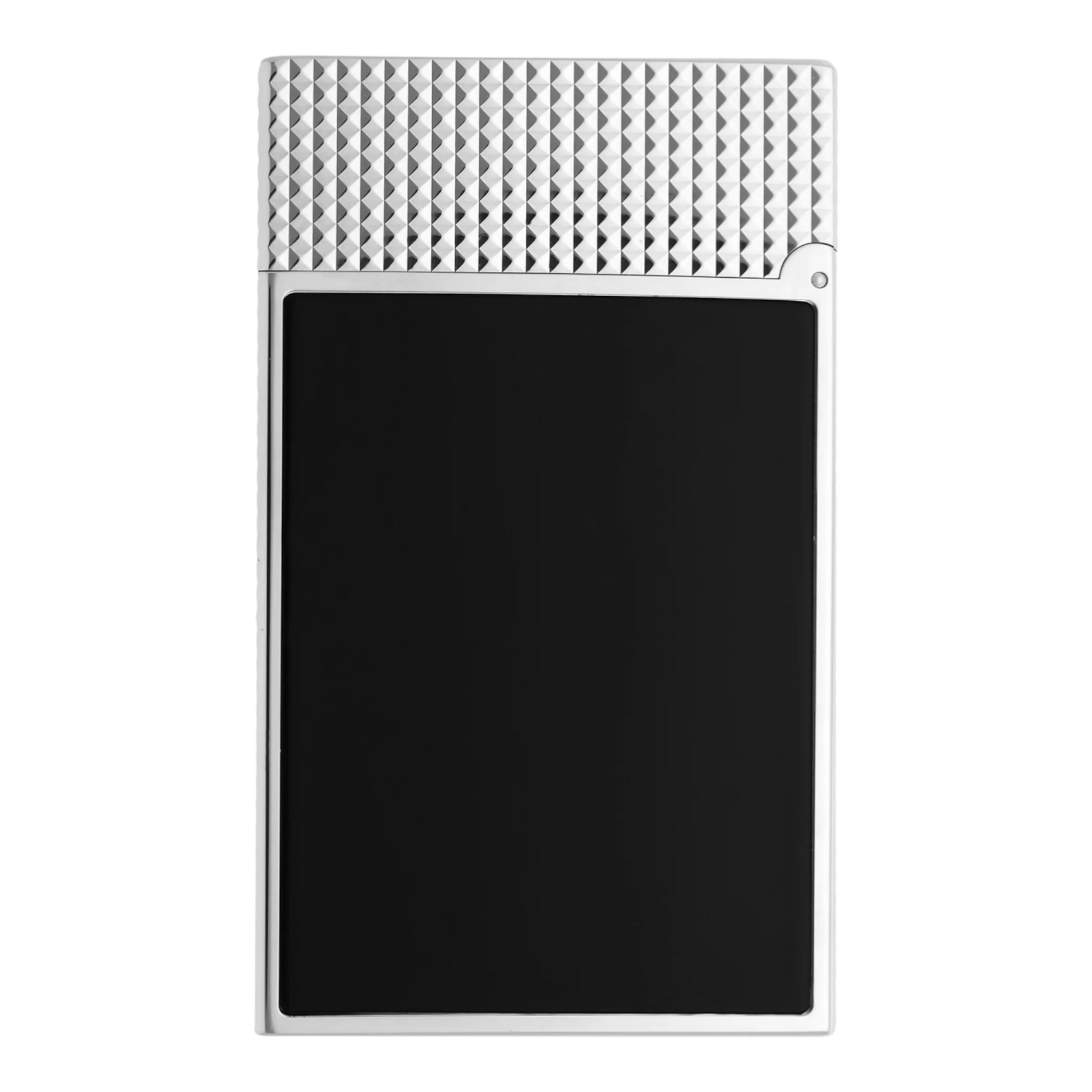 S.T. Dupont New Le Grand Black Lacquered Diamond Head Lighter silver textured top with smooth black lacquer front square view