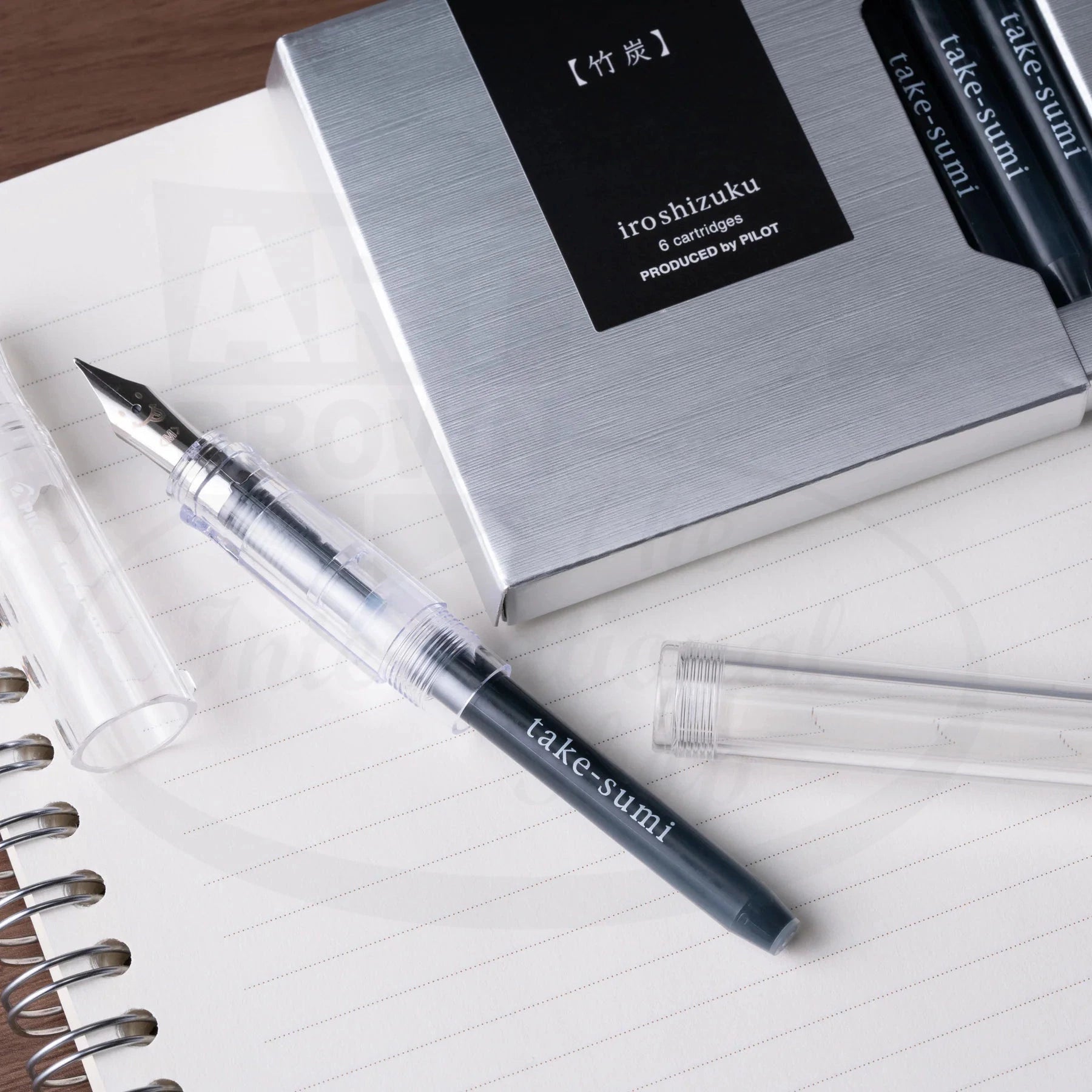 Pilot Iroshizuku fountain pen ink cartridge 6-pack in silver packaging, displayed with clear demonstrator fountain pen on lined notebook paper