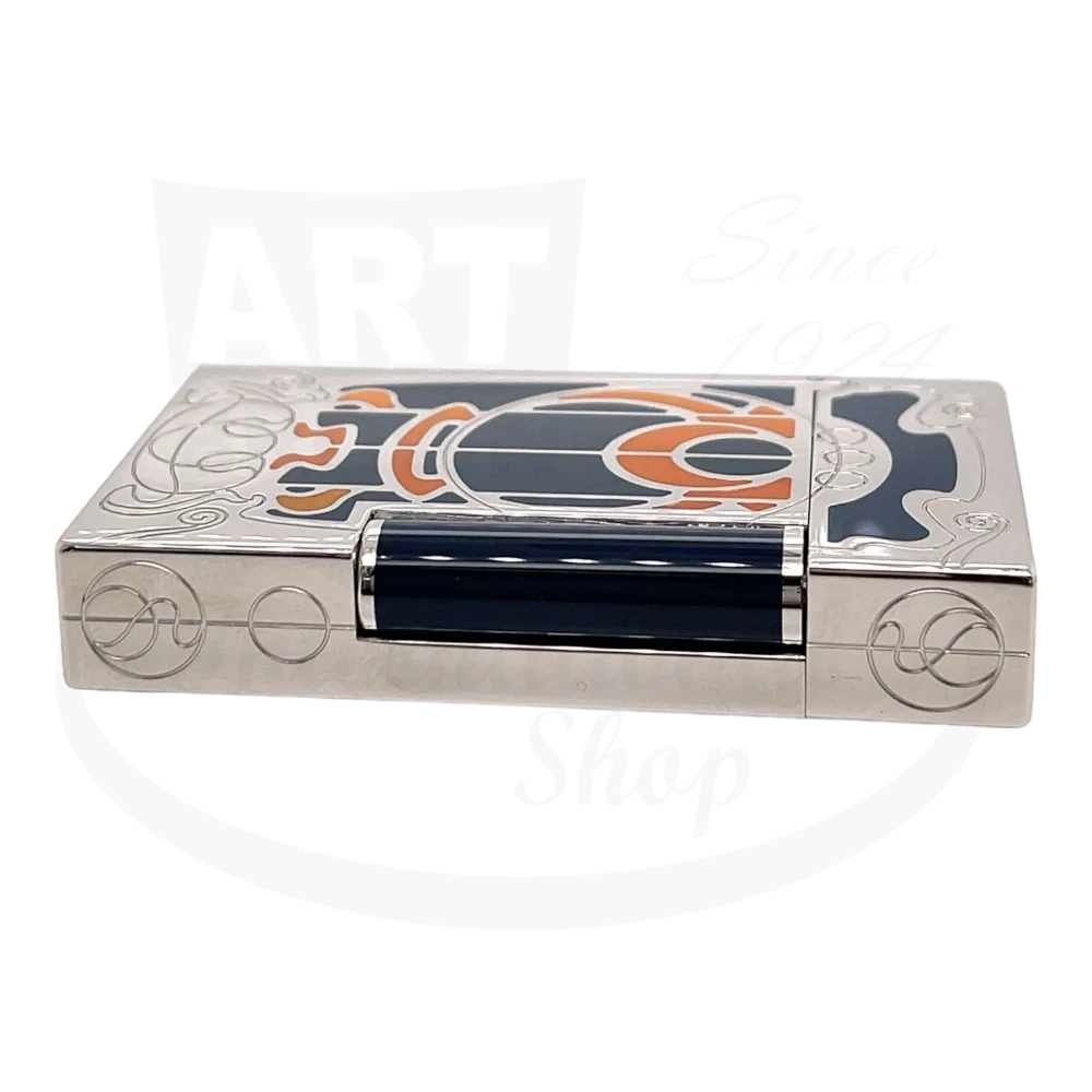 S.T. Dupont Limited Edition Casa Fenoglio luxury cigar lighter with natural orange lacquer, blue lacquer, and palladium finish side view