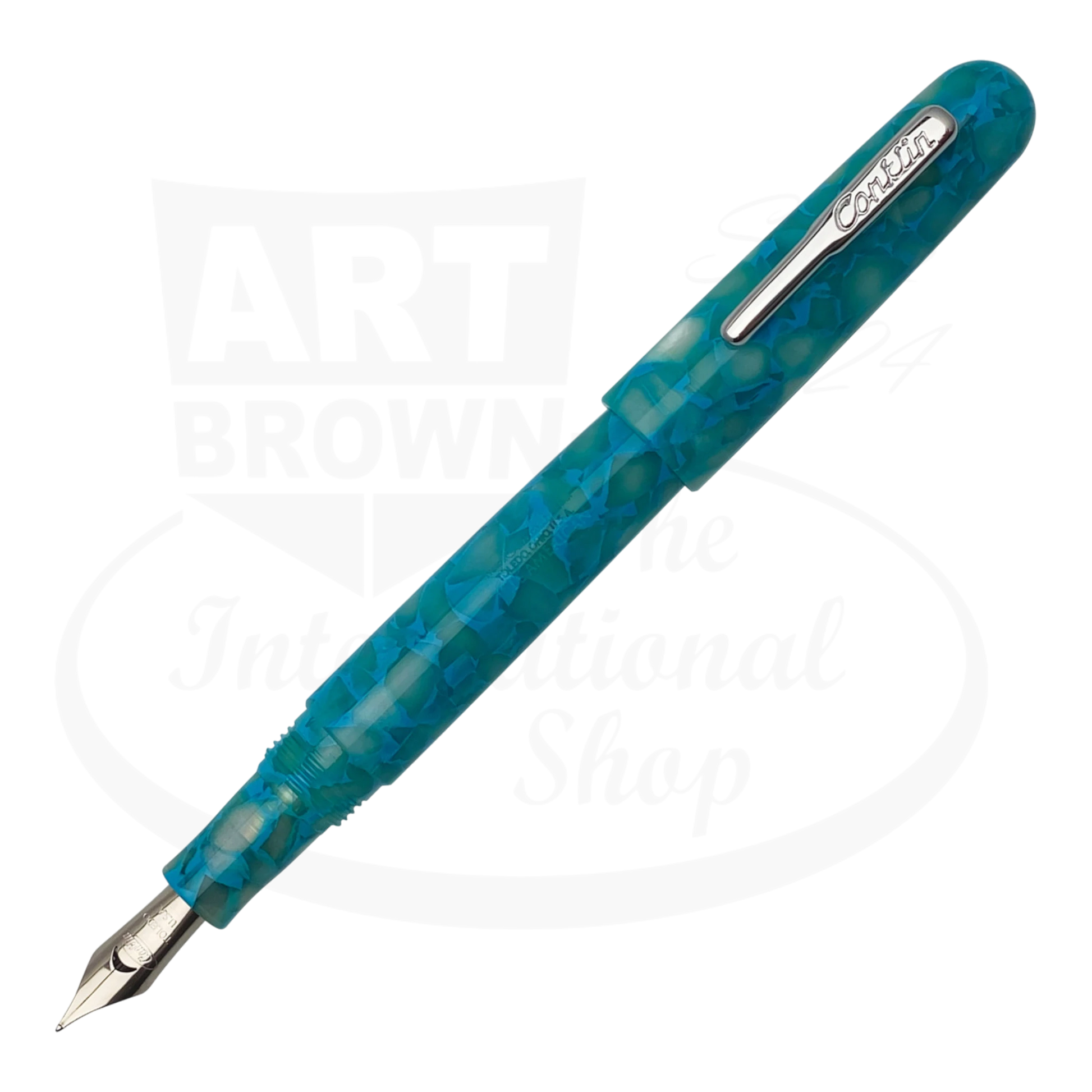Conklin All American Turquoise Serenity Fountain Pen CK76162 European resin turquoise and white marbled body with silver clip and nib