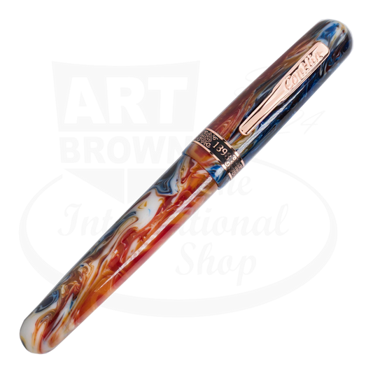 Conklin 1898 Misto Orange Medium Fountain Pen CK73273 resin body marbled orange blue with rose gold clip and accents