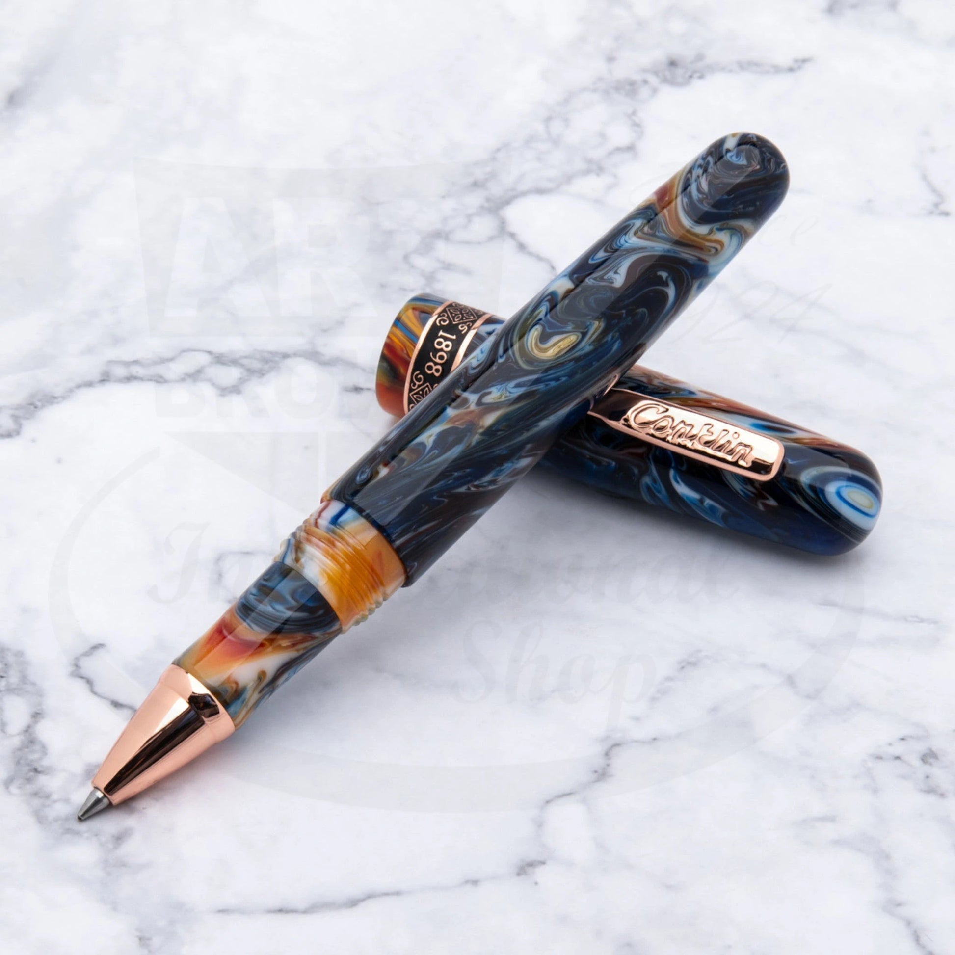 Conklin 1898 Misto Orange Rollerball Pen CK73278 marbled resin in orange and blue with rose gold trim and clip