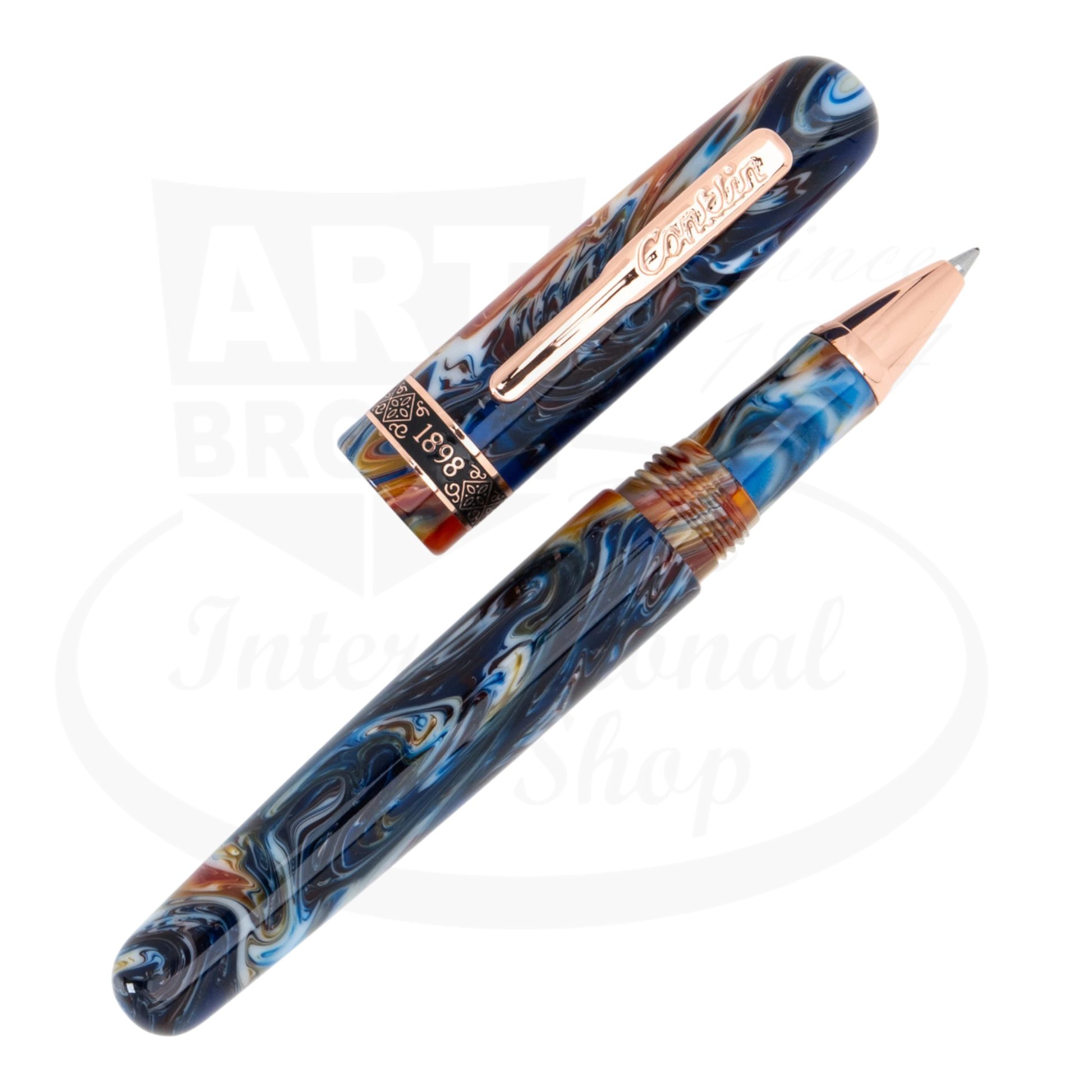 Conklin 1898 Misto Orange Rollerball Pen CK73278 marbled resin with orange blue hues and rose gold trim