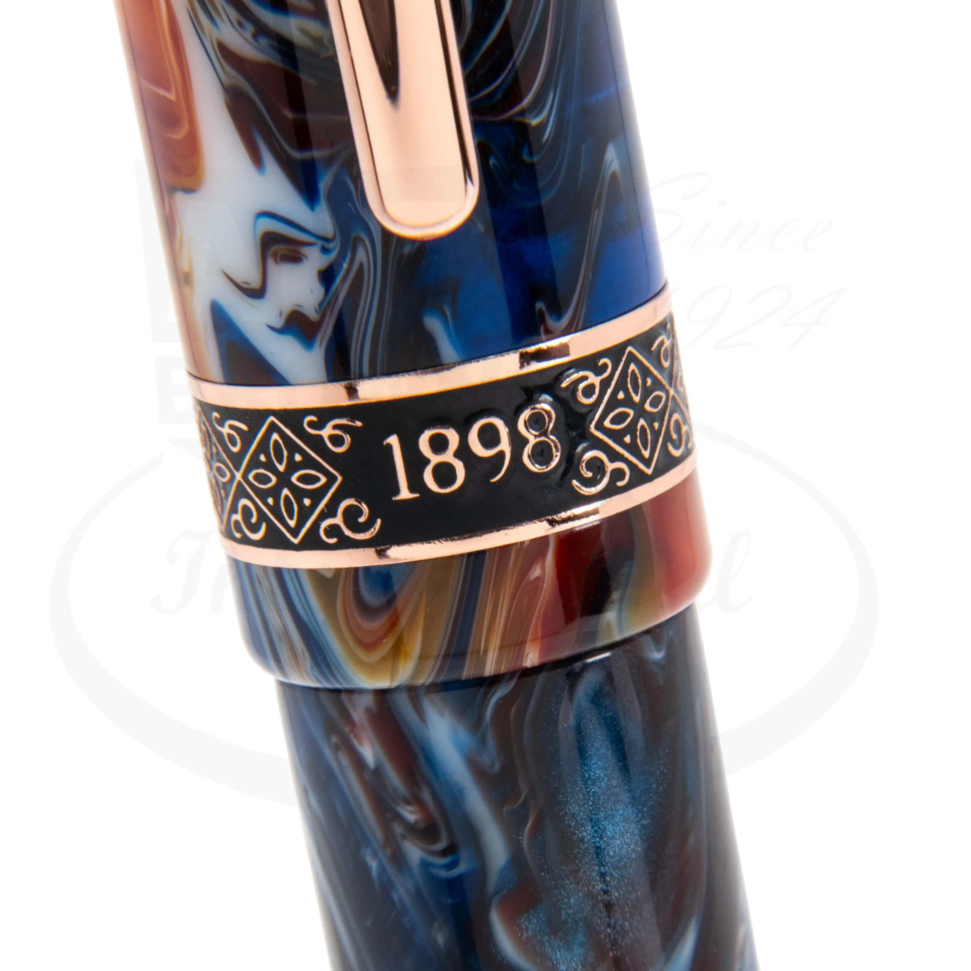Conklin 1898 Misto Orange Rollerball Pen CK73278 marbled resin in orange and blue with rose gold trim close-up section