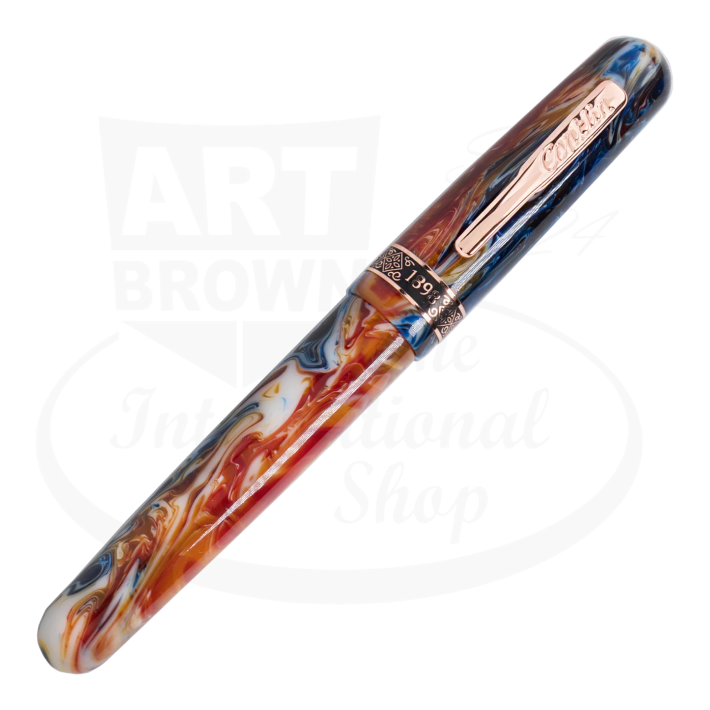 Conklin 1898 Misto Orange Rollerball Pen CK73278 marbled resin with vibrant orange and blue hues and rose gold trim