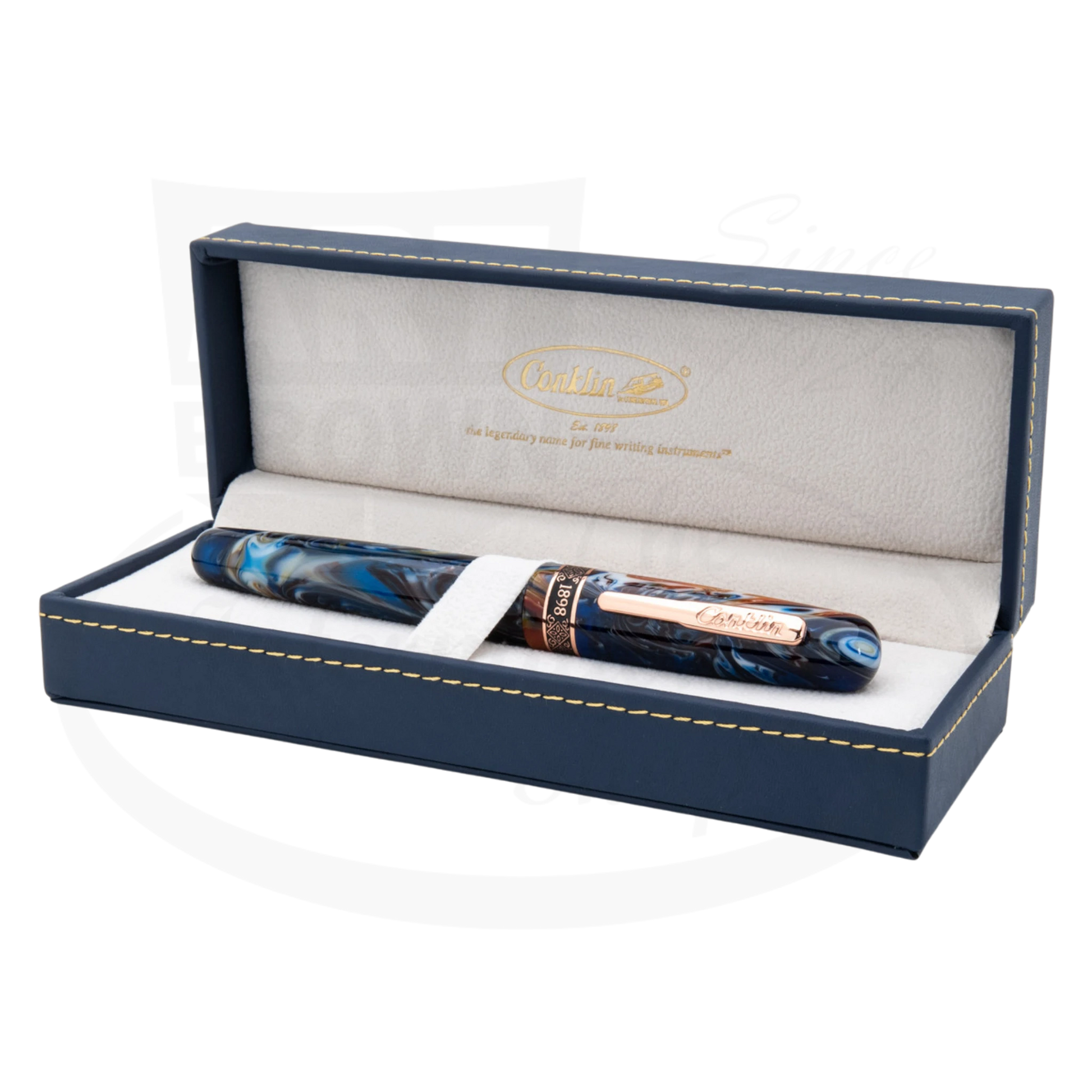Conklin 1898 Misto Orange Rollerball Pen CK73278 marbled resin with orange blue swirls and rose gold trim in blue presentation box