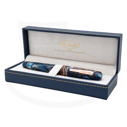 Conklin 1898 Misto Orange Rollerball Pen CK73278 marbled resin with orange blue swirls and rose gold trim in blue presentation box