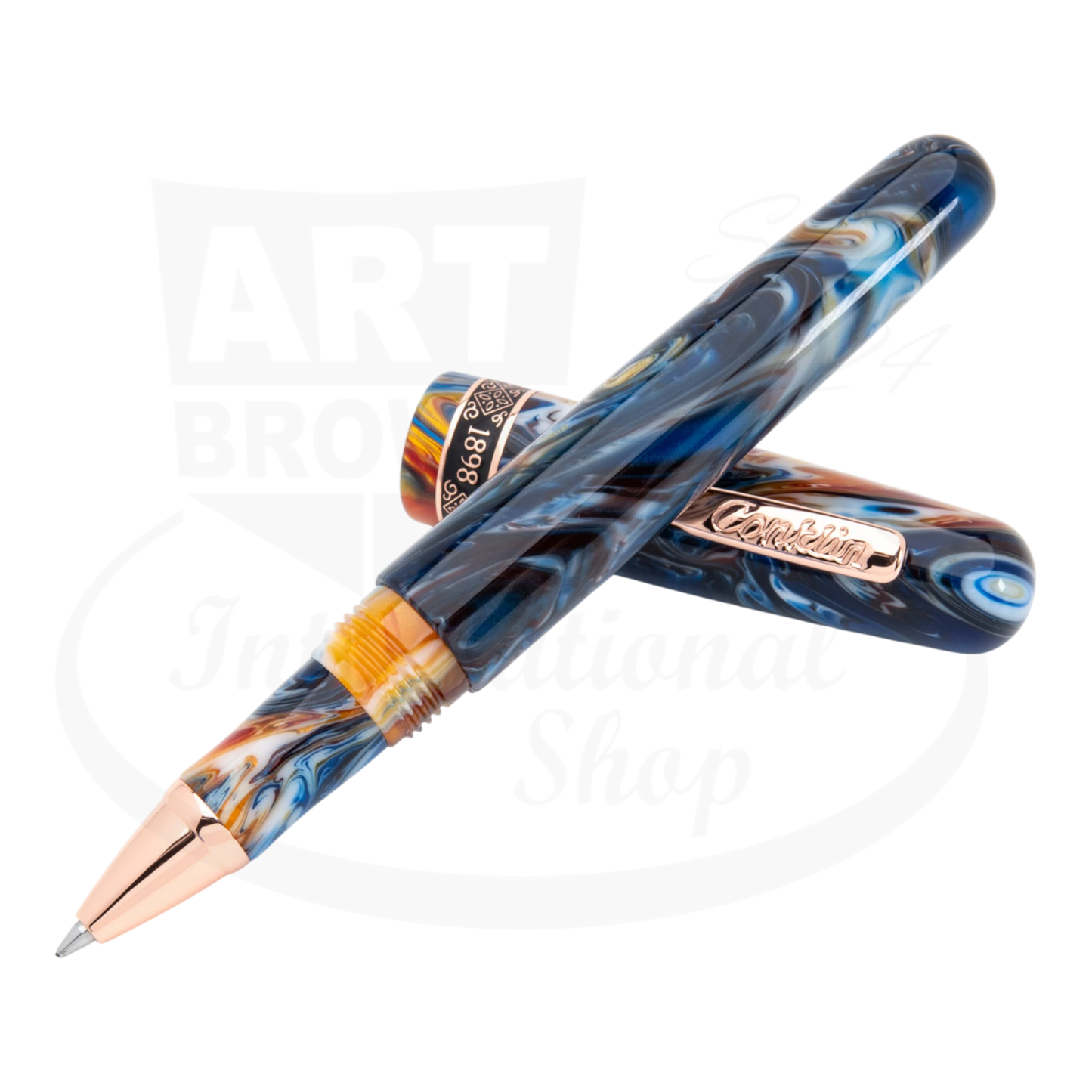 Conklin 1898 Misto Orange Rollerball Pen CK73278 marbled resin in orange and blue with rose gold trim and cap laid down
