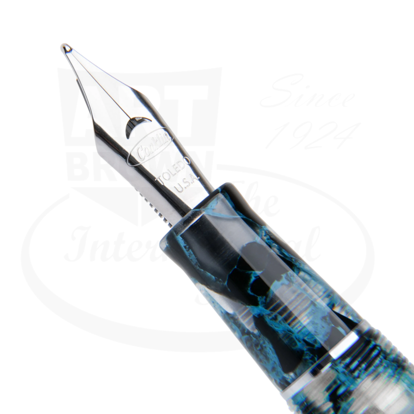 Conklin Mark Twain Crescent Filler CK76243 resin fountain pen with blue marbled pattern and stainless steel nib
