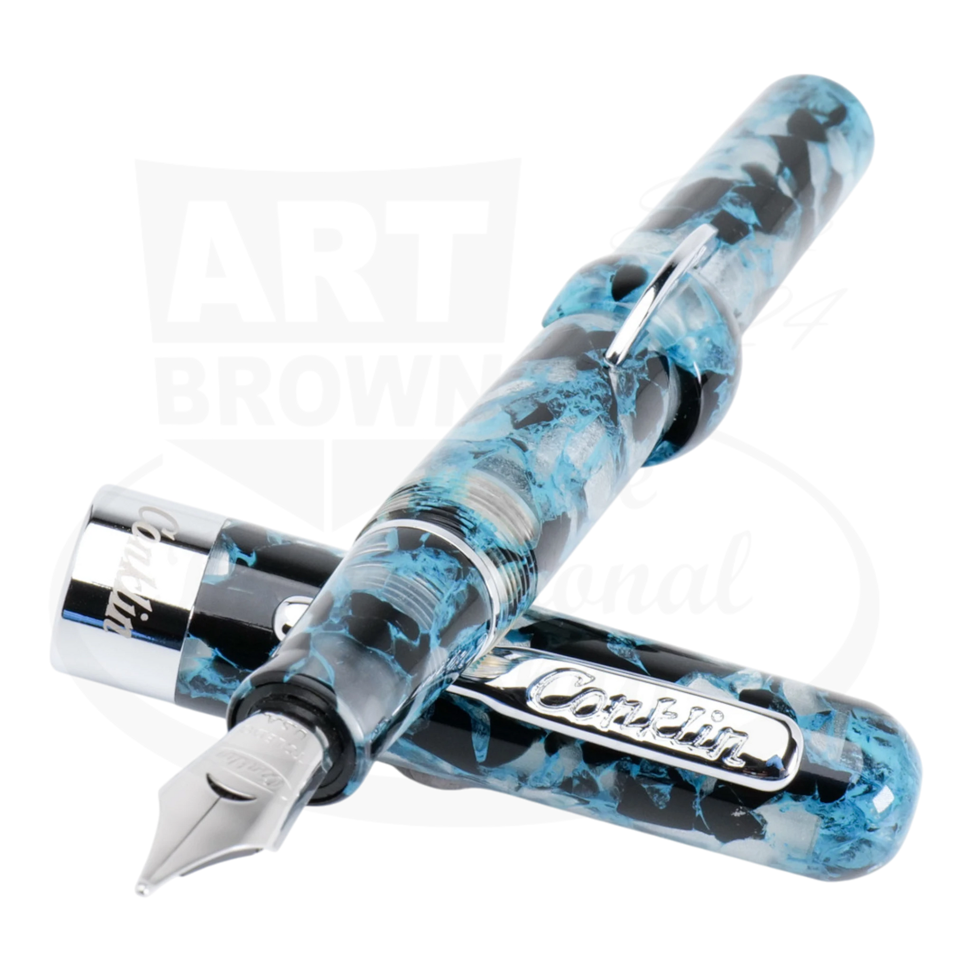 Conklin Mark Twain Crescent Filler CK76243 resin fountain pen in blue and black swirled design with chrome accents