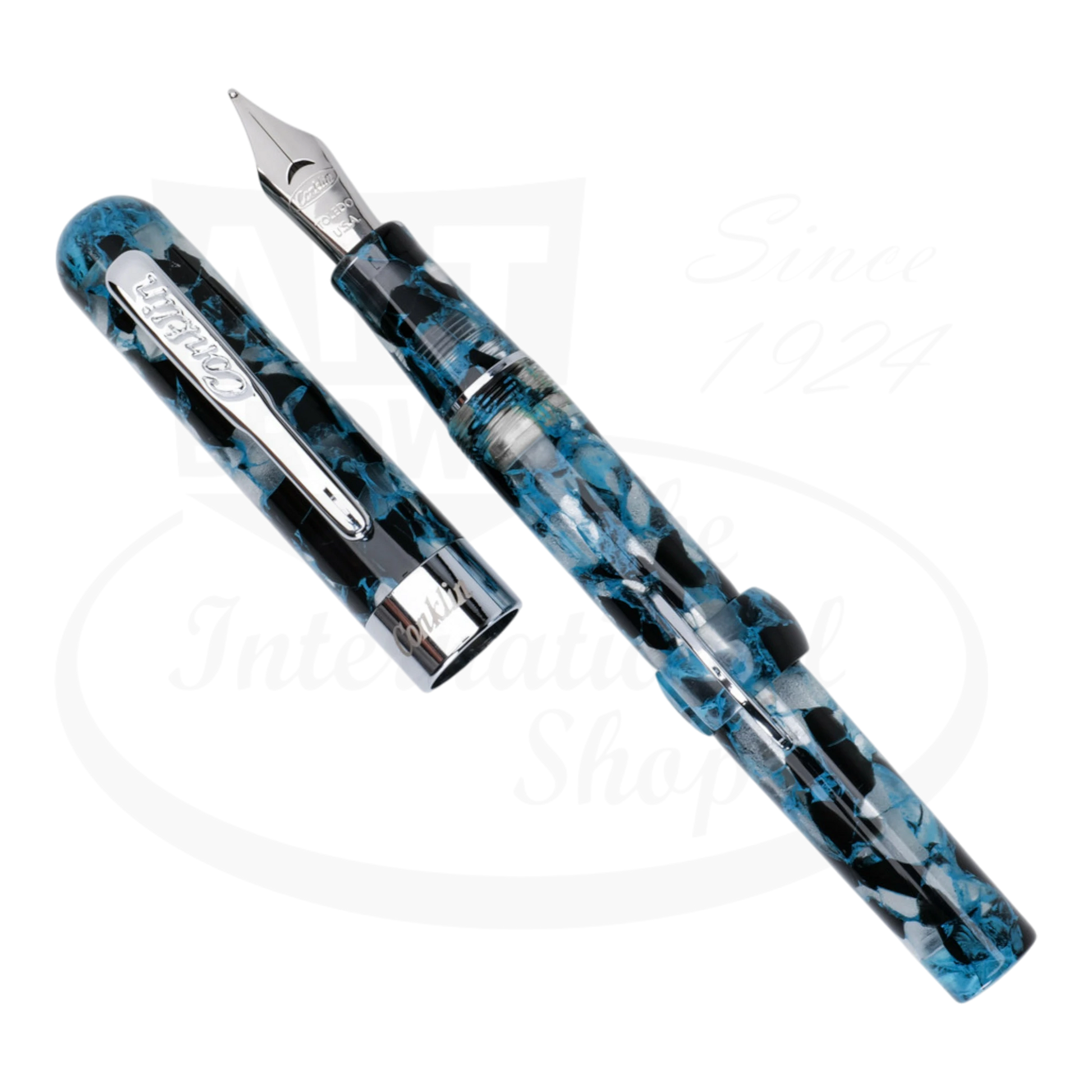 Conklin Mark Twain Crescent Filler CK76243 resin fountain pen in blue and black marbled pattern with stainless steel nib and chrome clip