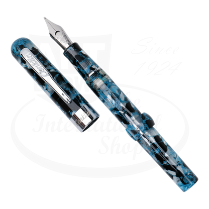 Conklin Mark Twain Crescent Filler CK76243 resin fountain pen in blue and black marbled pattern with stainless steel nib and chrome clip