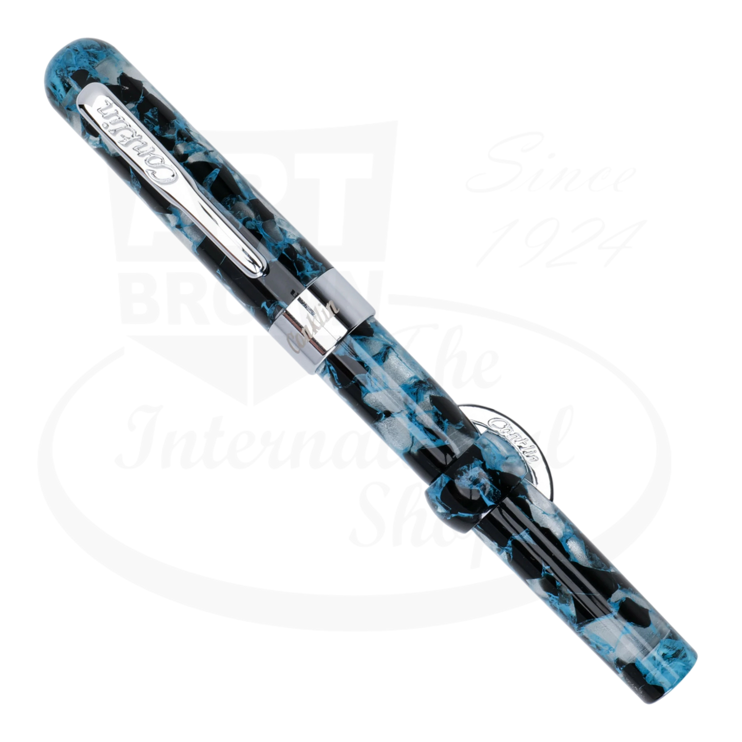 Conklin Mark Twain Crescent Filler CK76243 acrylic blue and black marbled fountain pen with chrome trim