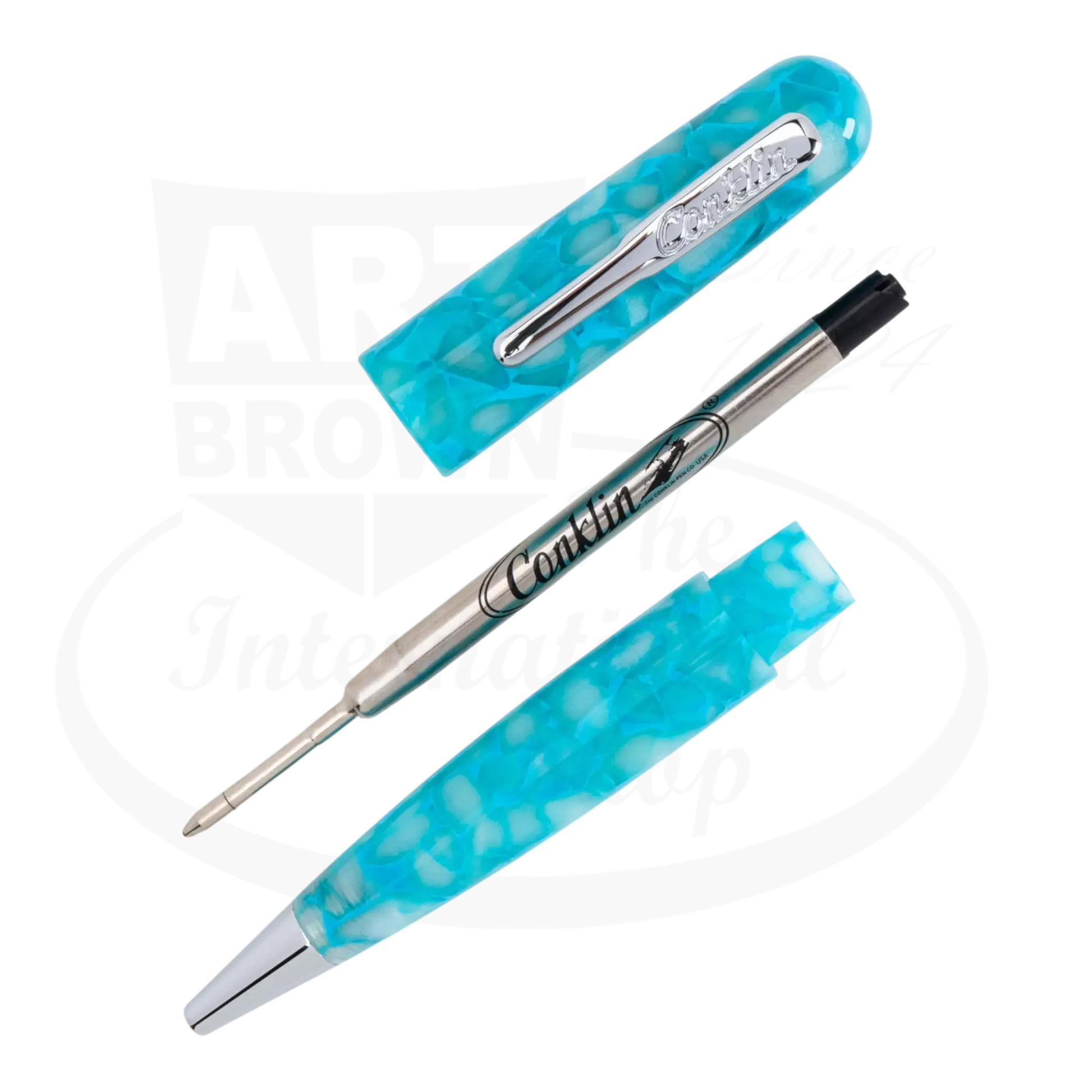 Conklin All American CK76165 European resin turquoise marbled ballpoint pen with silver clip separated parts
