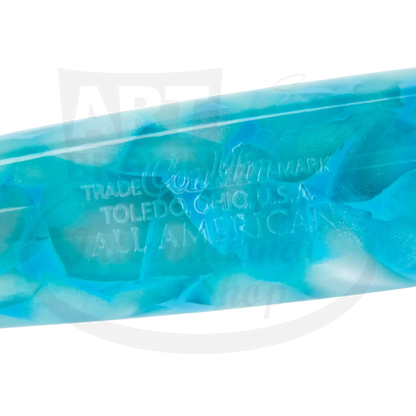 Conklin All American CK76162 European resin turquoise and white marbled fountain pen barrel close-up with embossed logo