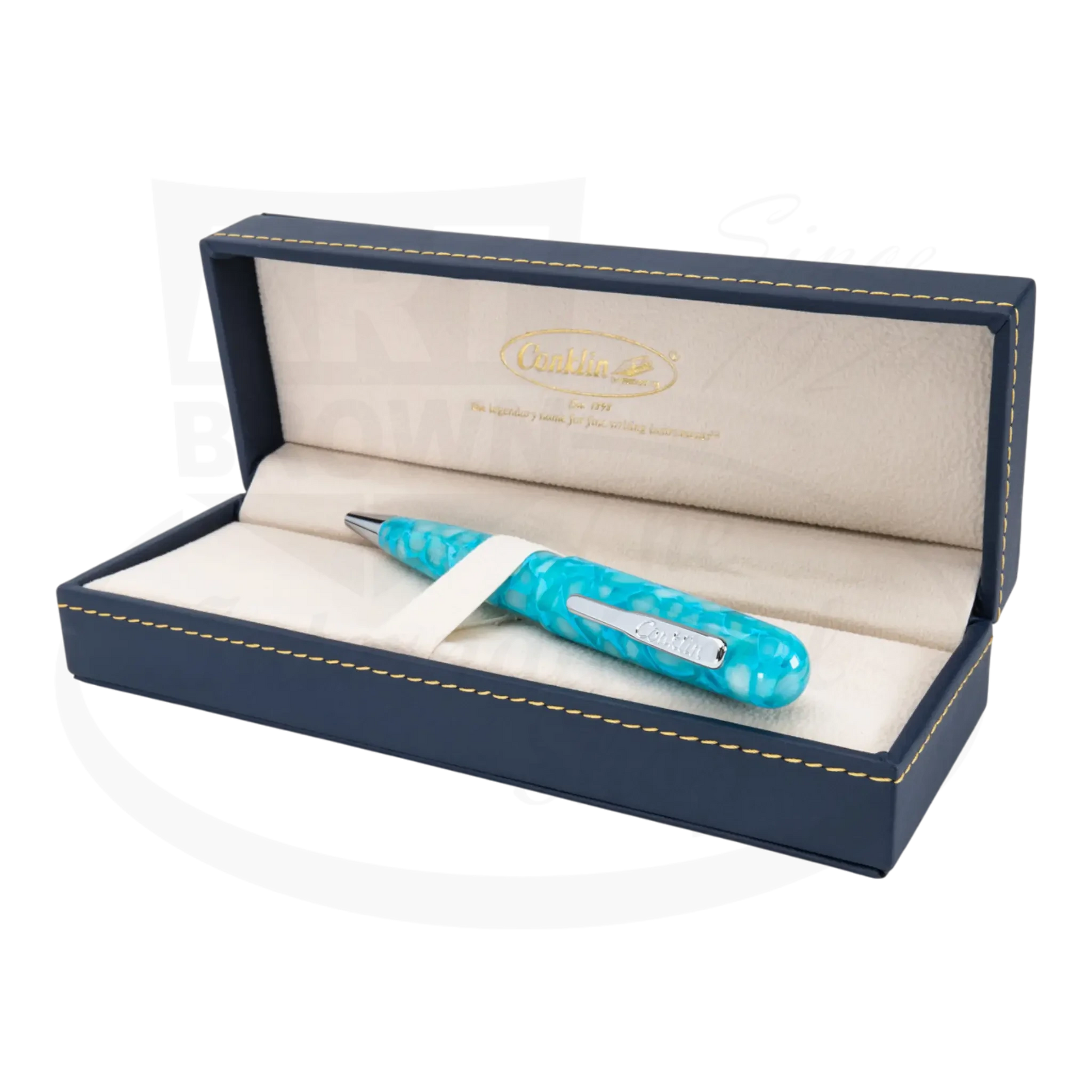 Conklin All American Turquoise Serenity Ballpoint Pen CK76165 European resin marbled turquoise body with chrome accents in blue case