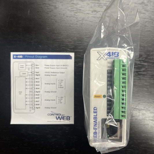 Control By Web CBW-418 analog input 8 channel web-enabled monitoring device with green terminal block and white casing
