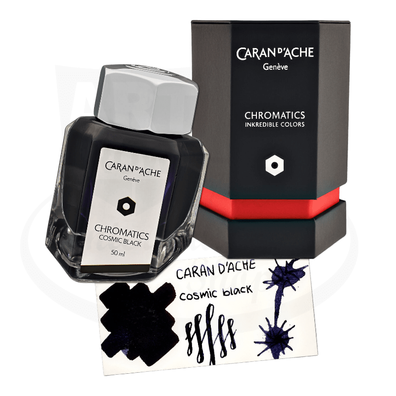 Caran D' Ache Chromatics Cosmic Black fountain pen ink, in hexagonal bottle with color swatch and black hexagonal box