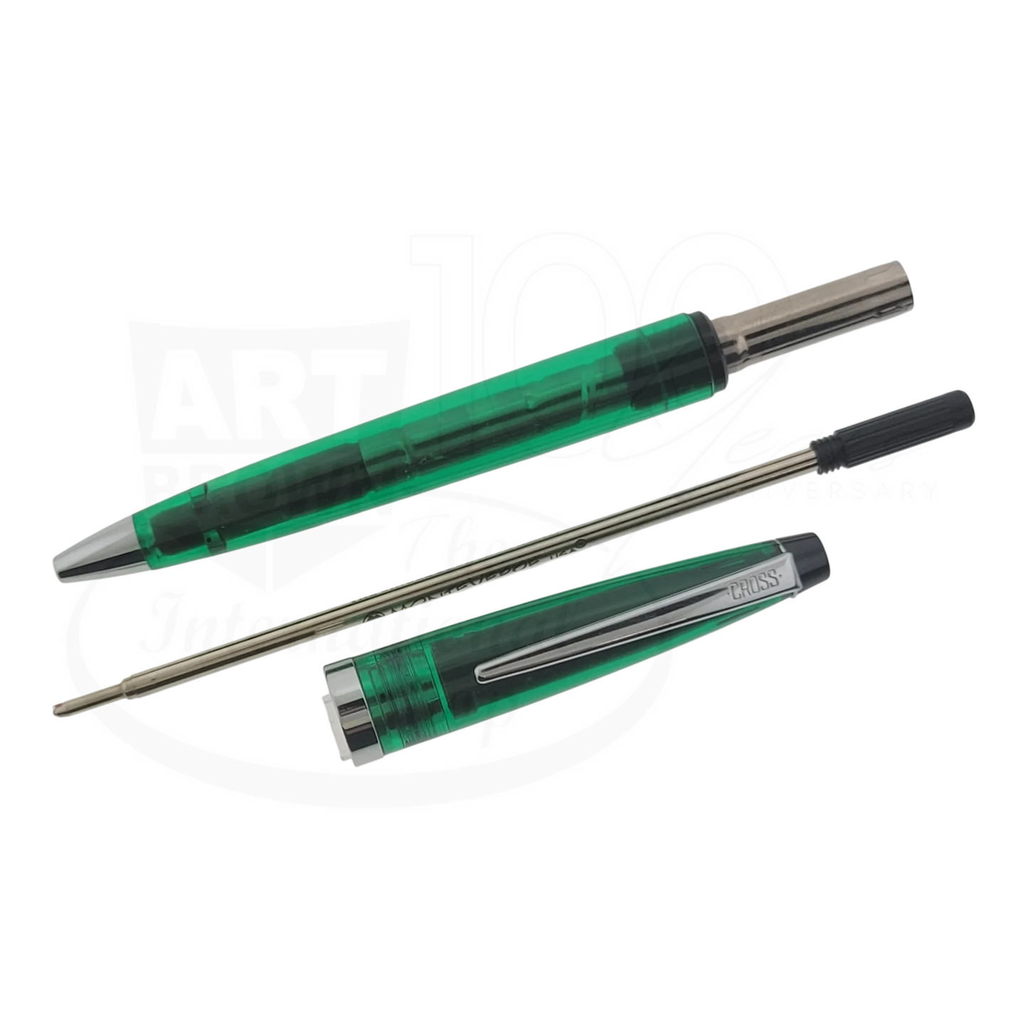 Cross Solo Collectors Edition vintage transparent green resin ballpoint pen with silver metal tip and clip, disassembled