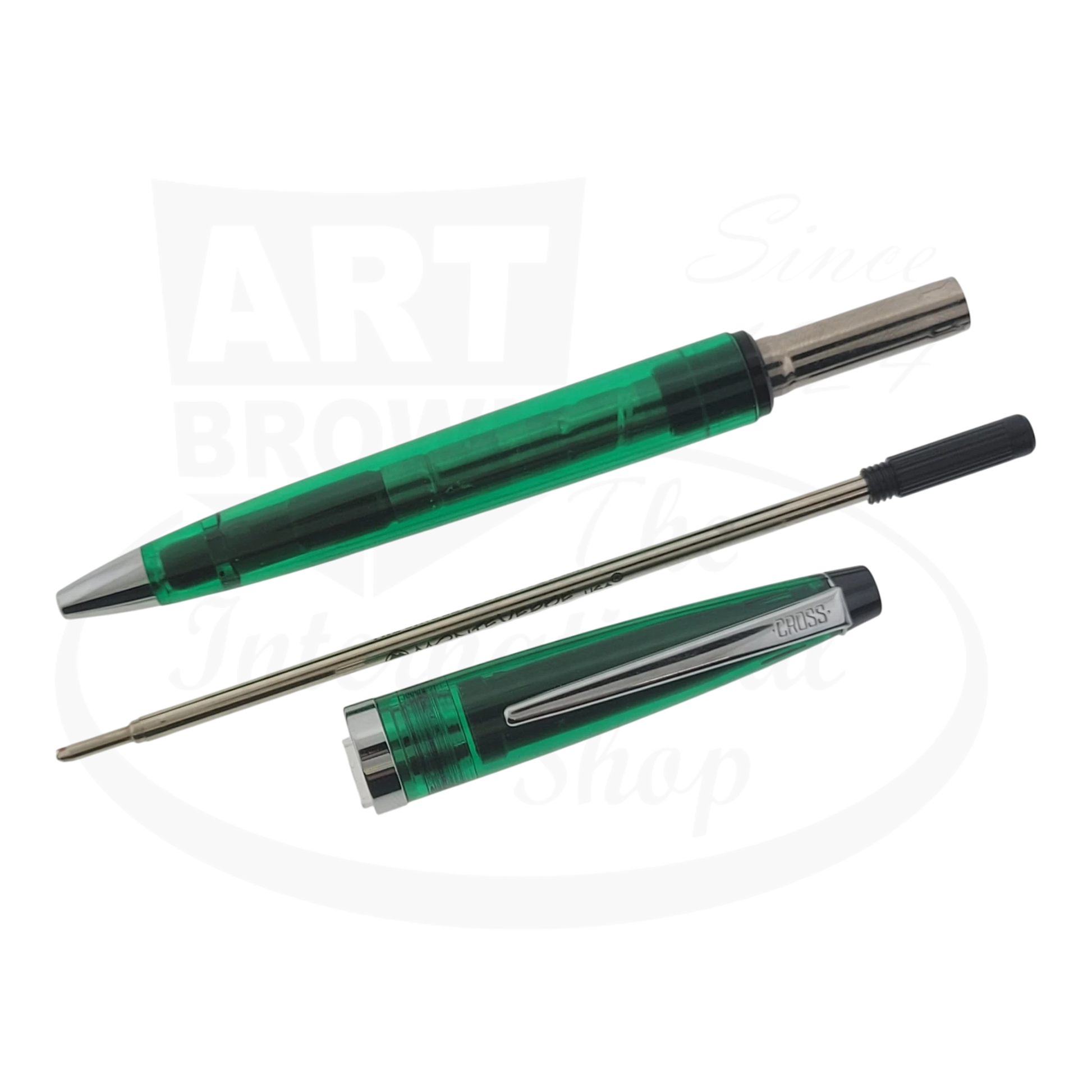 Rare Vintage Cross Solo Collectors Edition pen with transparent green plastic body and metal clip disassembled components visible