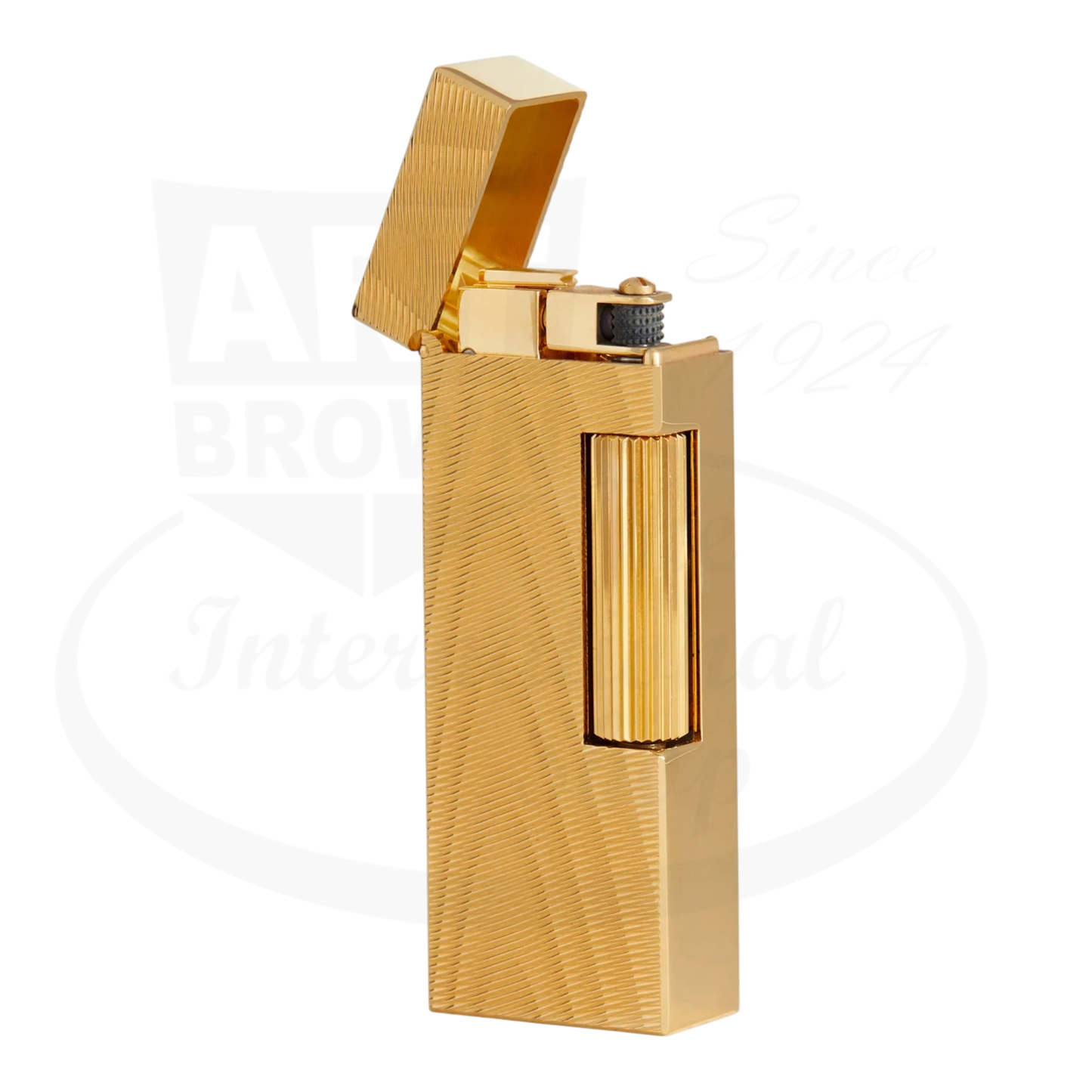 Dunhill Rollagas gold moire lighter in gold-plated brass with engraved texture and open lid showing ignition wheel